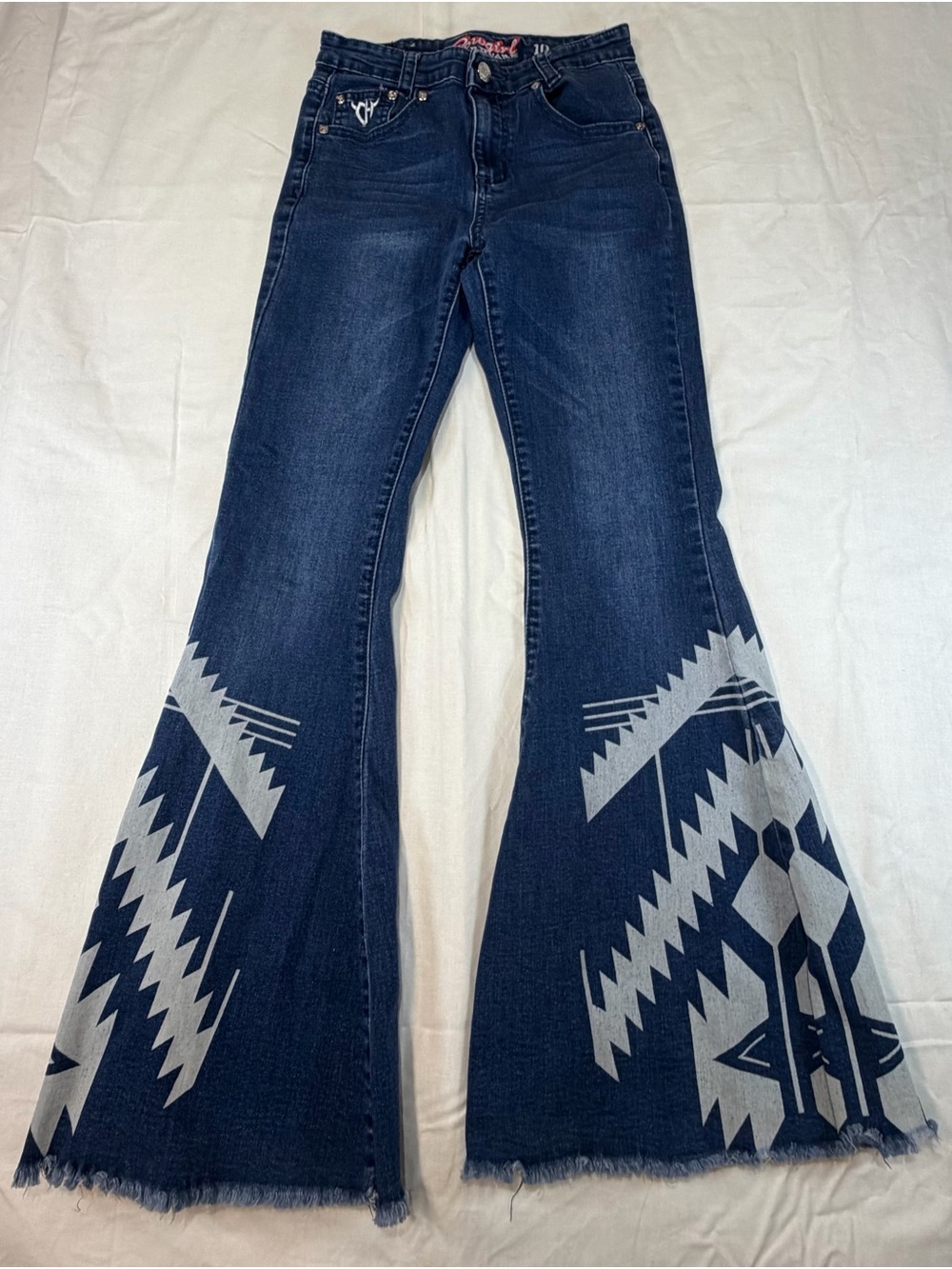Cowgirl Hardware Girls High-Rise Dark Blue Flare Jeans with Native Print